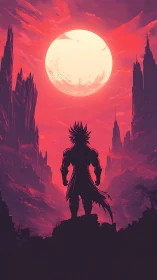 Backlit warrior silhouette under exaggerated lunar disc.