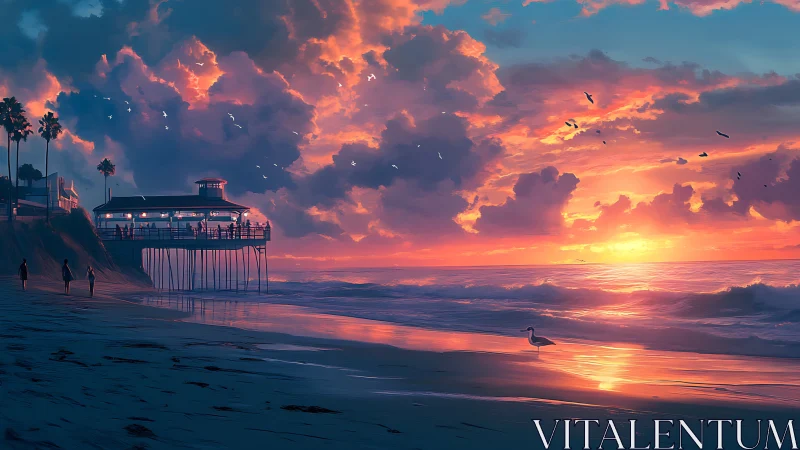 Digital painting of sunset pier shoreline with luminous clouds.