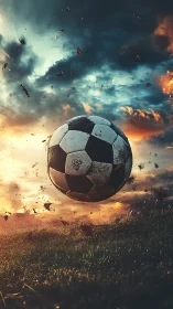 Soaring soccer ball under storm-lit sunset sky drama.