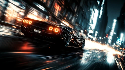 Midnight supercar sprint through glowing city streets.