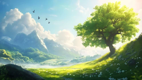 Sunlit lone tree guarding a dreamy emerald valley meadow.