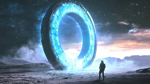 Circular luminous portal stands before lone astronaut figure