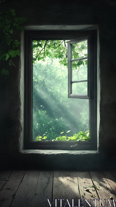 Old wooden window opens onto sunlit green forest view
