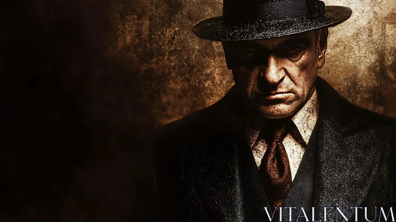 Brooding noir gentleman stands in shadowed golden light