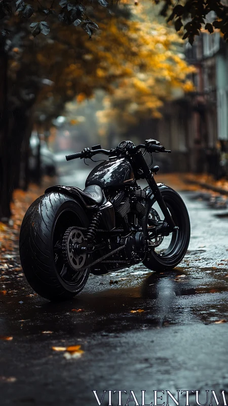 Photorealistic custom motorcycle on wet autumn street scene.