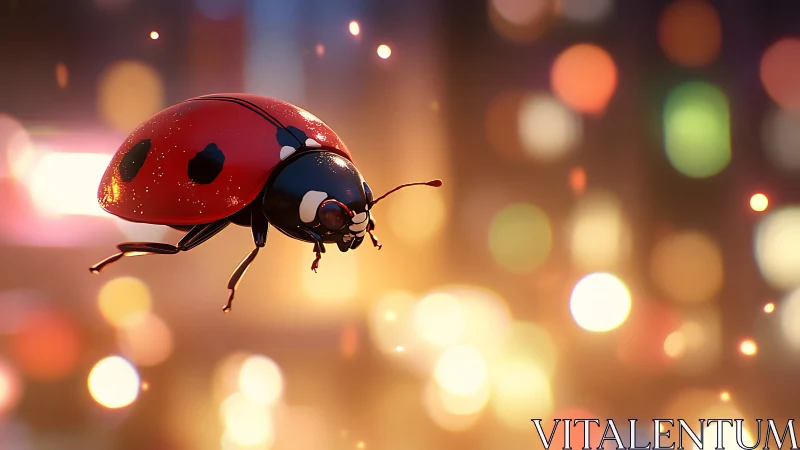 3D ladybug in flight over glowing city bokeh lights.