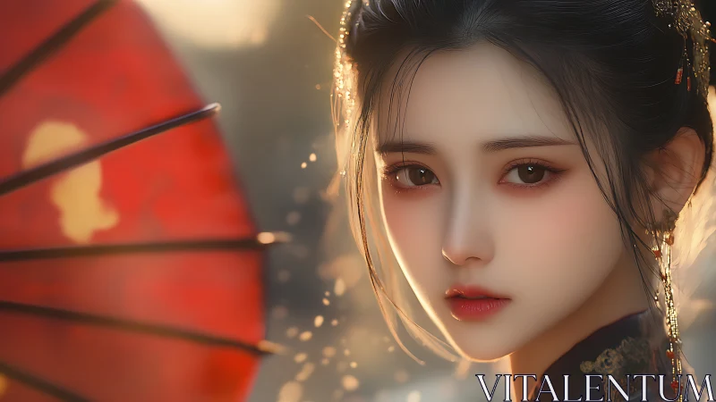 Digital portrait of Asian woman with red parasol backlit bokeh