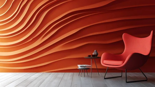 Modern lounge with sculpted orange wave accent wall.