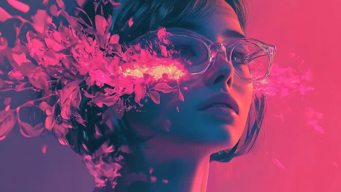 Neon portrait merges shattered petals and glowing vision.