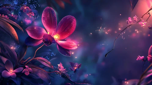 Bioluminescent orchid blooms illuminate a dreamlike forest glade
