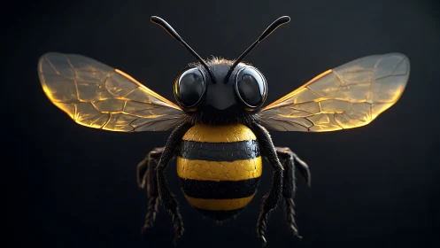 3D stylized bee study with luminous wings on dark ground.