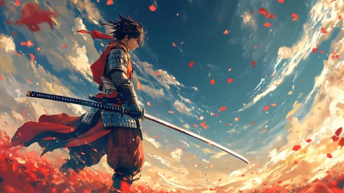 Skyward petals whirl as the lone samurai measures the horizon