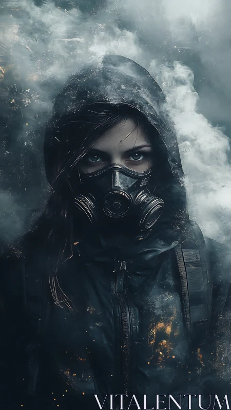Hooded survivor in gas mask walks through burning smoke.
