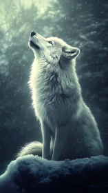 Snowlit wolf listening to the quiet winter sky.