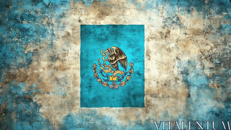 Mexican eagle emblem on distressed turquoise painted wall.