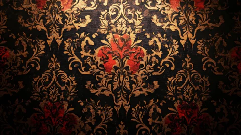 Ornate golden damask pattern glows over deep red fabric