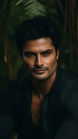 Intense male portrait emerges against lush jungle backdrop