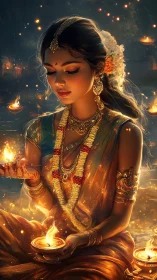 Woman in traditional attire holding oil lamps at night.