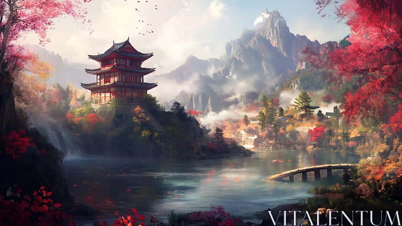 Serene red pagoda rises above misty autumn mountain lake.