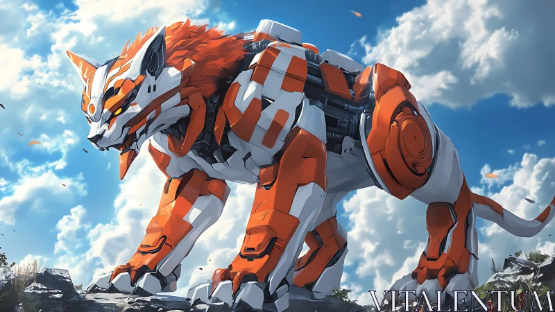 Mech tiger sentinel poised on rocky ridge under sky.