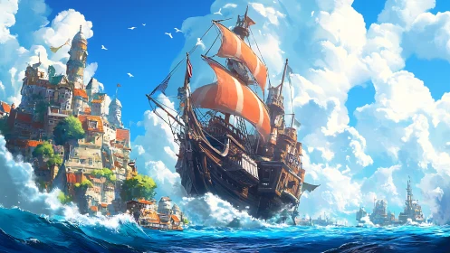 Crimson sails cut through cloud palaces and sapphire tides