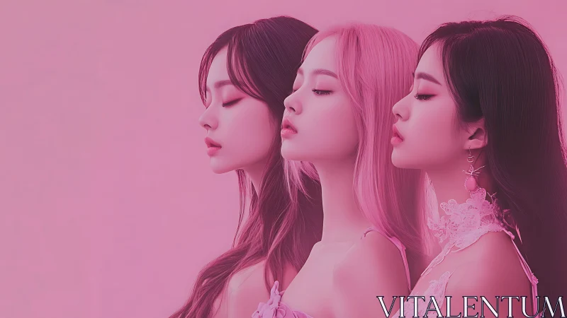 Soft pink portrait of three serene women in profile