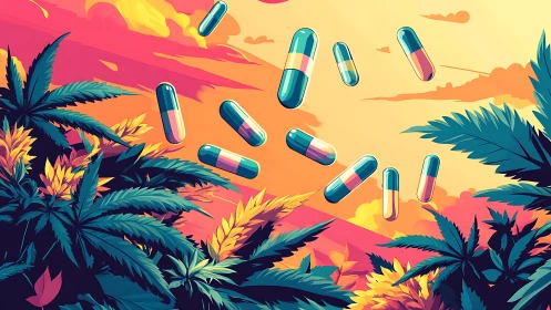 Colorful capsules floating above stylized cannabis plants.