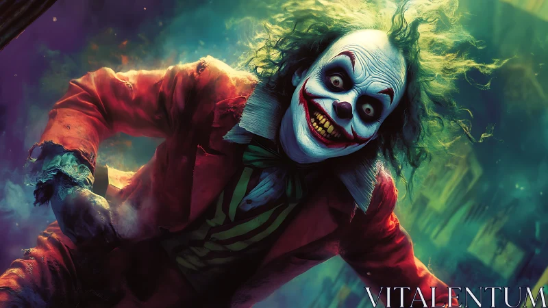 Sinister clown portrait in neon chaos environment.