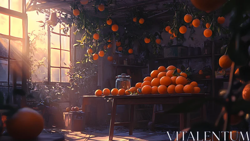 Sunlit orange harvest spills through a dreamy garden workshop.