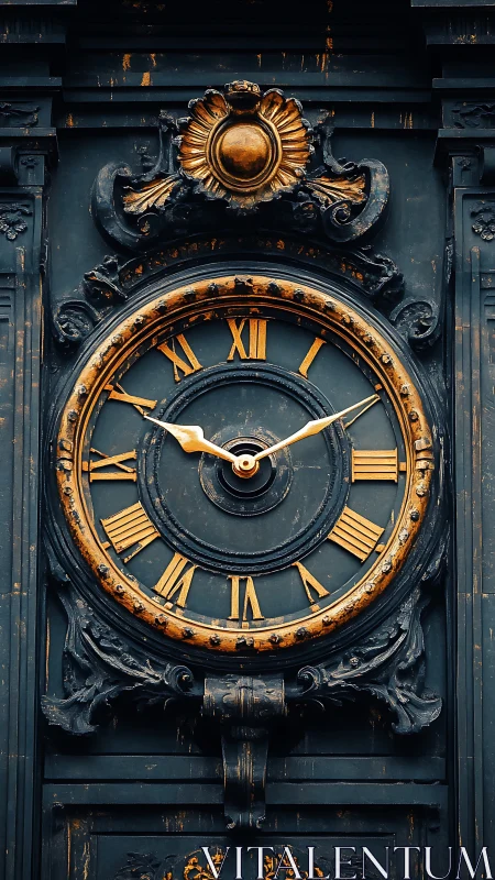 Gleaming antique clock face tells time with ornate golden grace