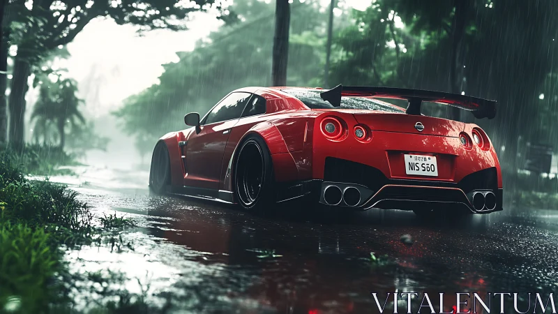 Red sports coupe idling in a rainy, tree-lined street scene.