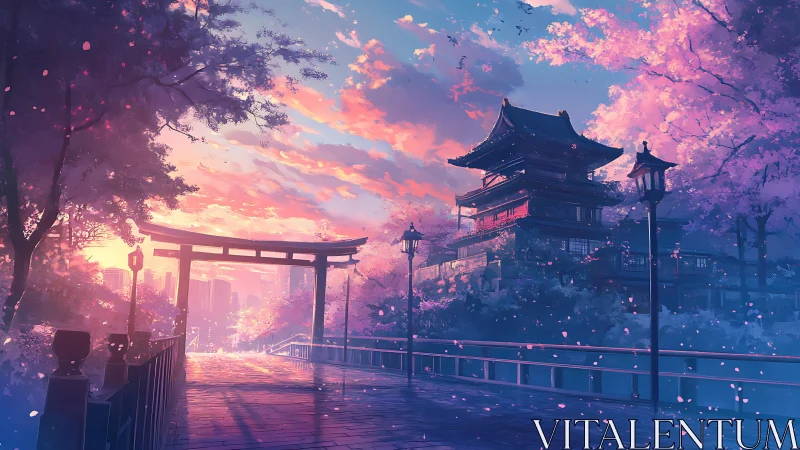 Twilight shrine promenade beneath drifting sakura dreams.