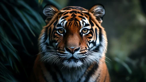 Midnight jungle monarch holds the gaze of the wild