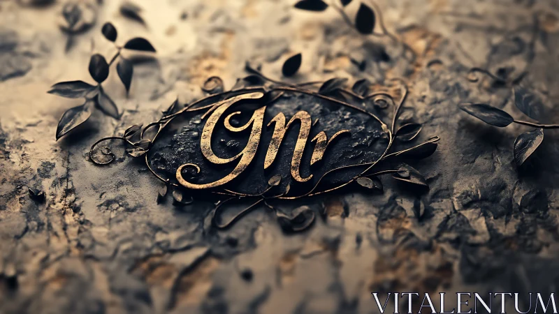 Metallic Gnr monogram rests on textured stone surface