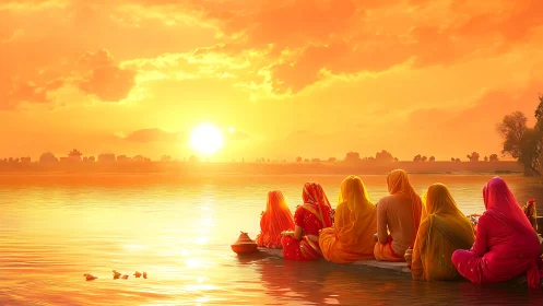 Sun-kissed river gathering in radiant sunset colors.