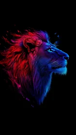 Vibrant neon lion glowing softly against midnight black.