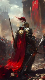 Armored warlord commands crimson-bannered siege line.