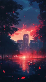 Neon dusk city street glows through rain and drifting petals