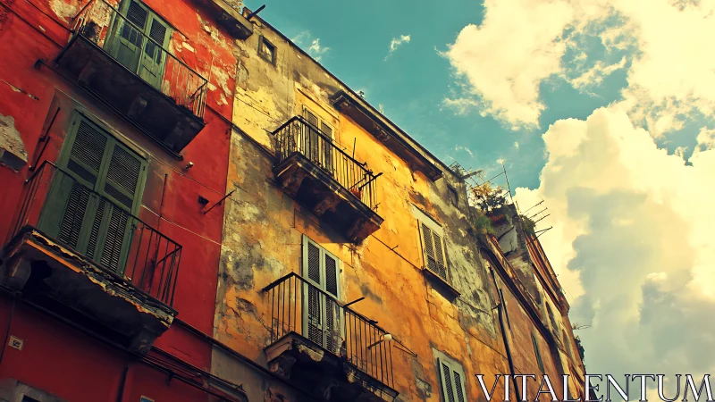 Weathered multi-storey facade with balconies under daylight