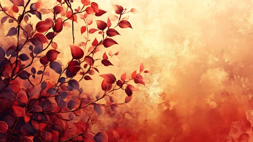 Red foliage branches against textured warm gradient background.
