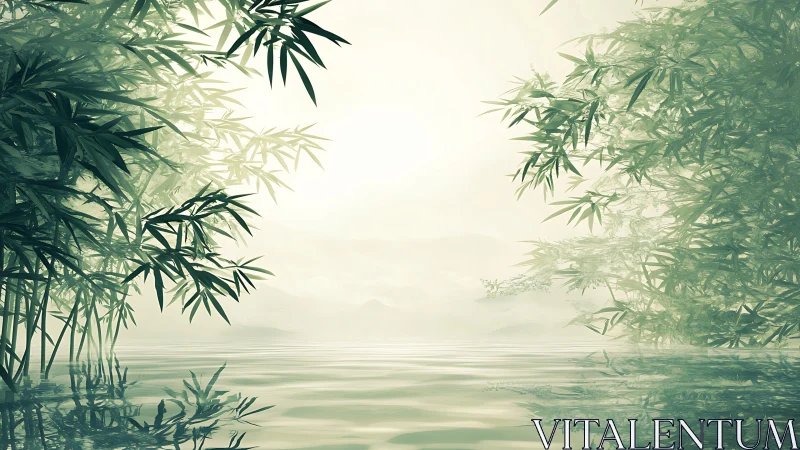 Serene bamboo lagoon reflects soft morning mist and light.