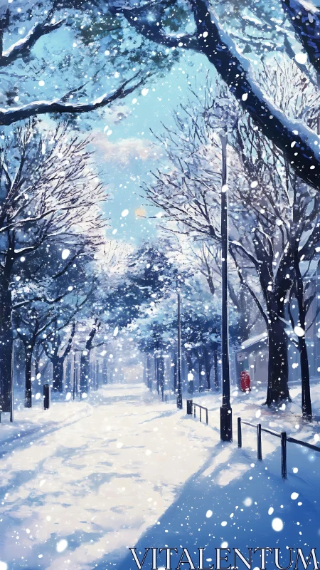 Snow covered urban walkway lined with bare winter trees.