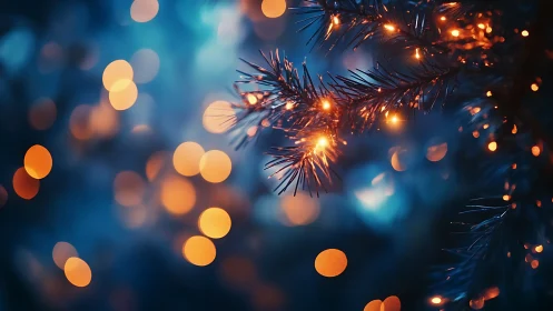 Golden bokeh lights on evergreen needles in soft blue haze.