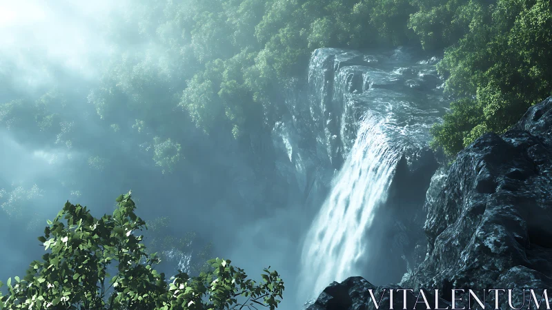Forest waterfall descending over dark rocky cliff in mist.