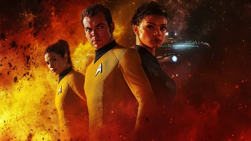 Starfleet officers stand defiant amid blazing cosmic firestorm