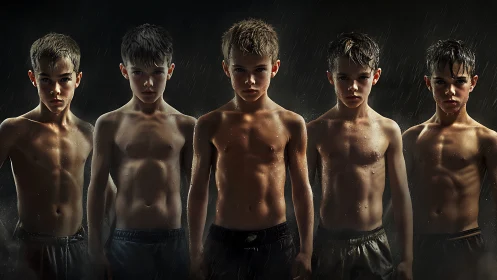 Five Boys in Rain: Portrait of Youthful Determination.