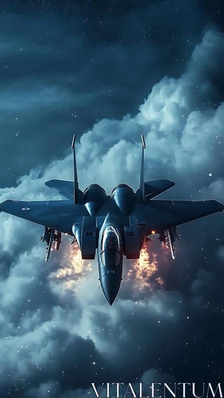 Stealth fighter jet slices stormy night sky with afterburners
