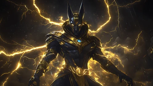 Storm-wreathed jackal warrior channels divine electric power