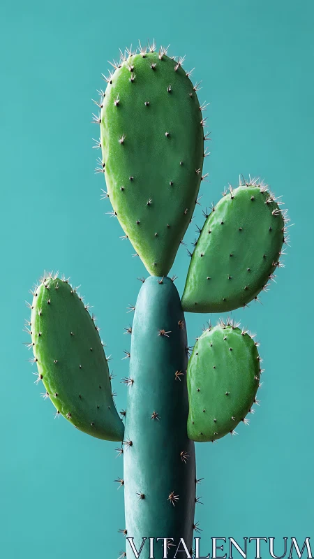 Photorealistic cactus study on minimal teal backdrop, vertical format.