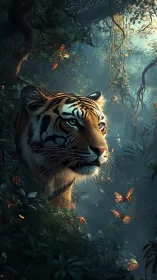 Gentle jungle tiger watching butterflies drift by.
